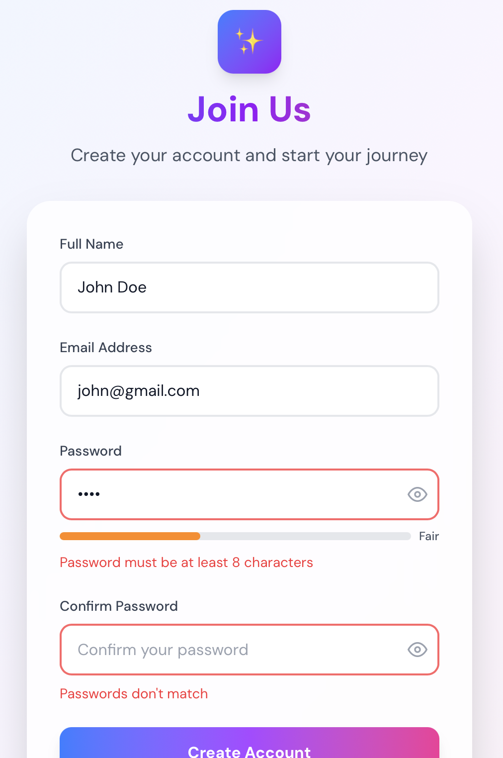 The sign-up form showing inline validation errors