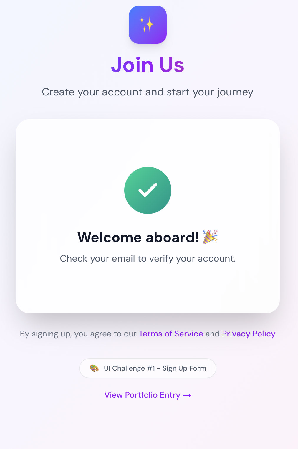 The sign-up form's success state